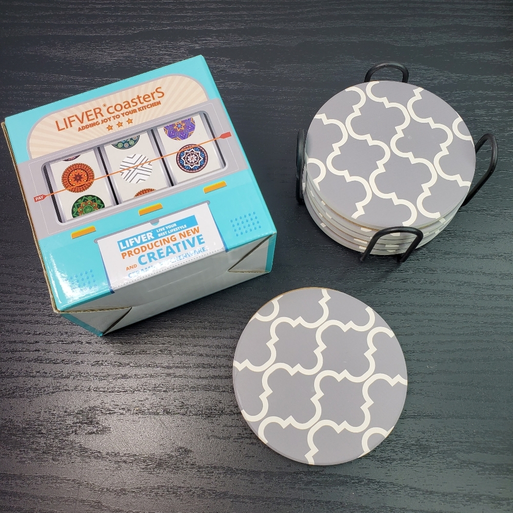 LIFVER Coasters with Stand, Set of 6 Absorbent Coasters with Cork Base t…